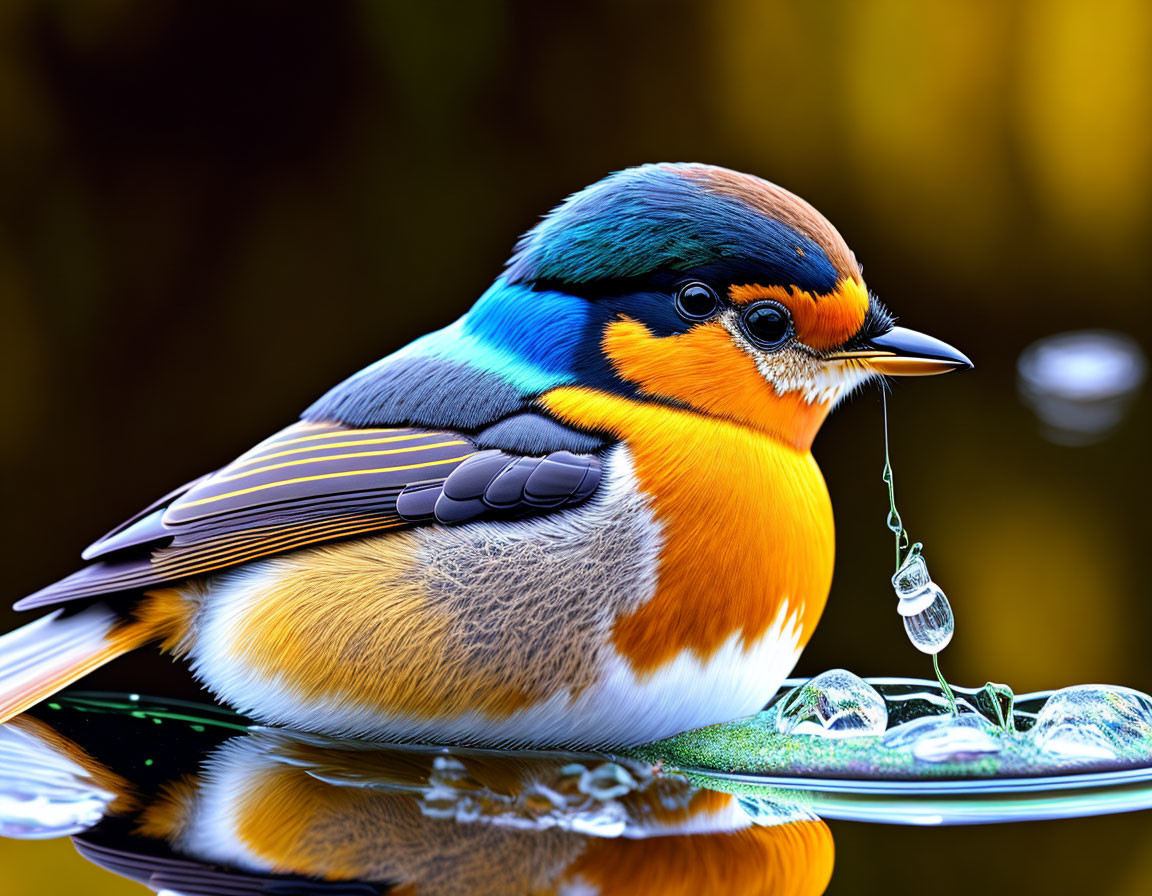 Colorful Bird with Blue, Orange, and Yellow Plumage on Reflective Surface