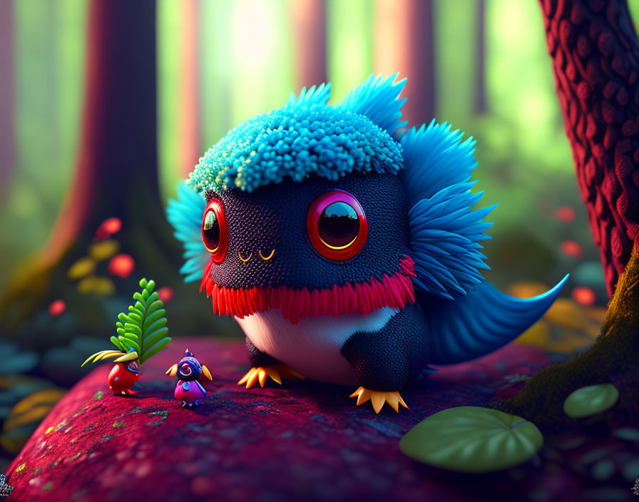 Colorful Stylized Creature with Blue Feathers in Forest