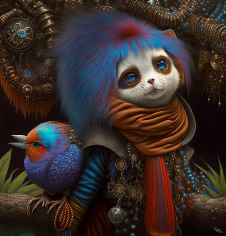 Colorful fantasy creature with cat face and vibrant fur beside bird in mechanical gear backdrop