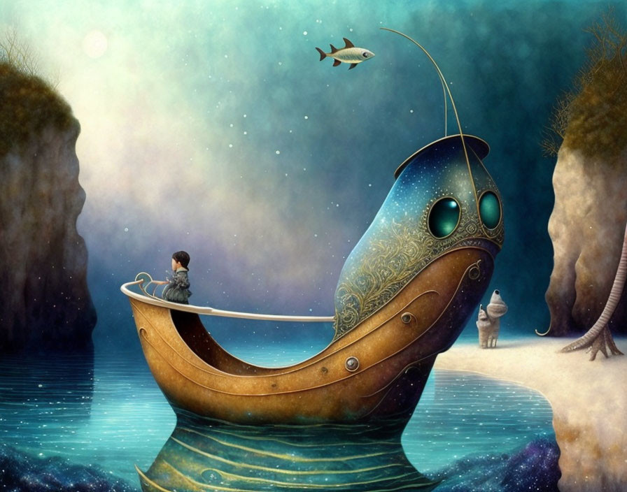 Boy fishing on whimsical wooden boat with face, curious creature watches from misty star-speckled