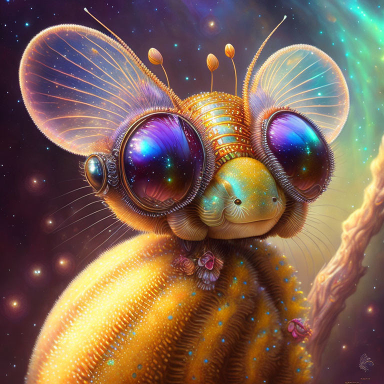 Detailed whimsical bee illustration with iridescent eyes in cosmic backdrop