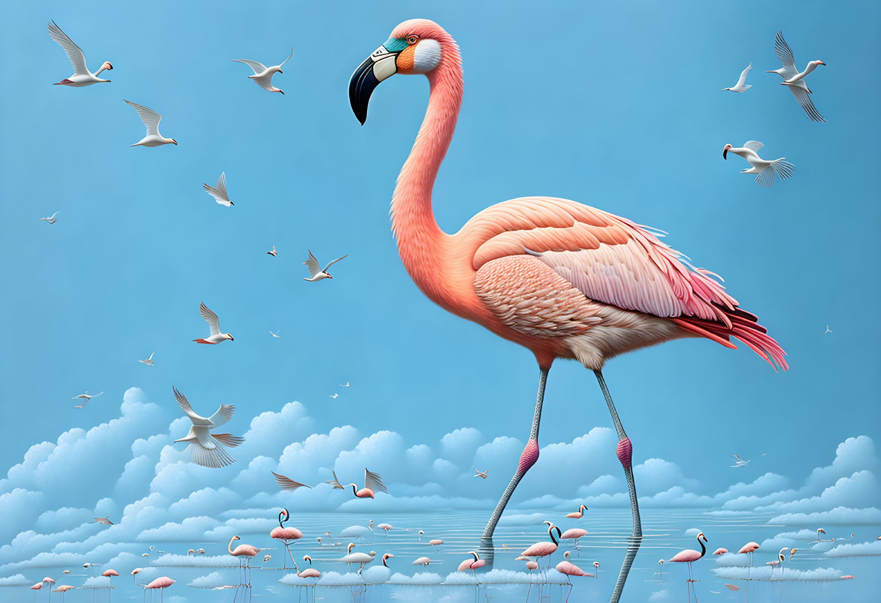 Pink flamingo and seagulls in dreamlike fantasy scene