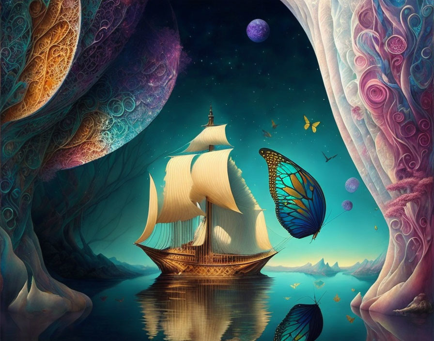 Fantastical ship sailing on calm waters under starry sky