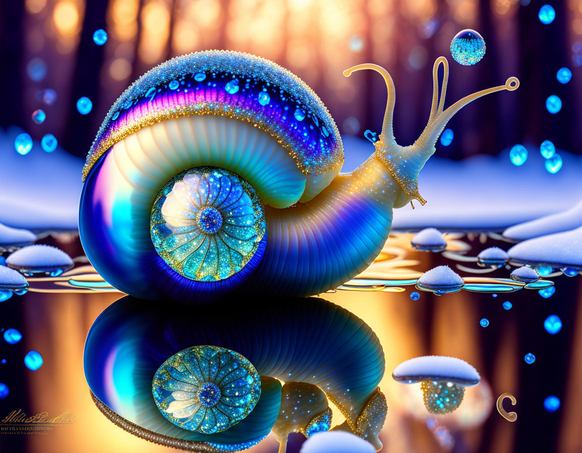 Colorful Snail Art with Iridescent Shell on Reflective Surface