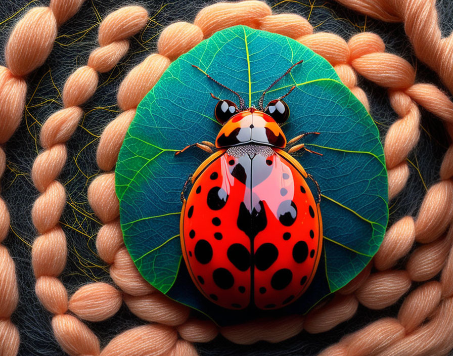 Colorful Ladybug on Green Leaf with Braided Rope on Textured Background