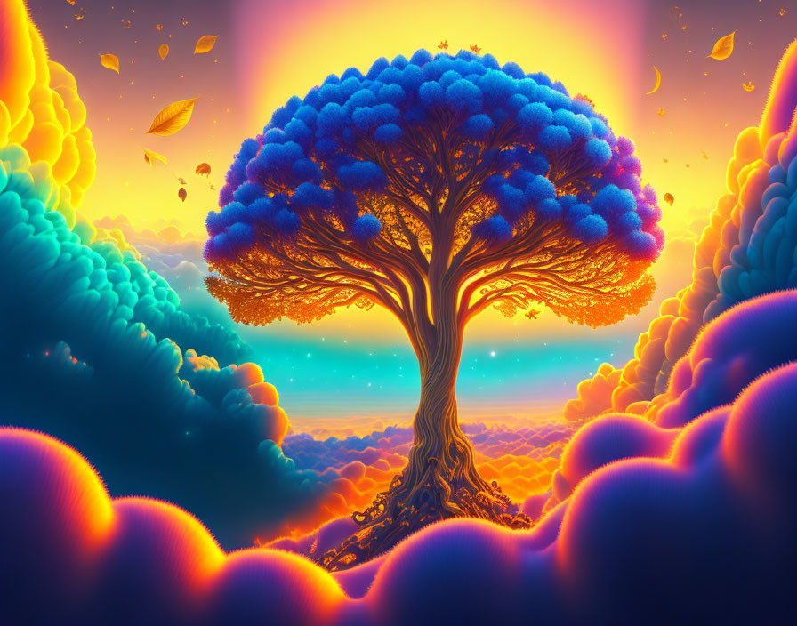 Majestic tree with blue foliage under golden sky surrounded by fluffy clouds