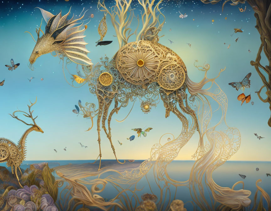 Surreal artwork: Mechanical fauna and flora in ethereal landscape