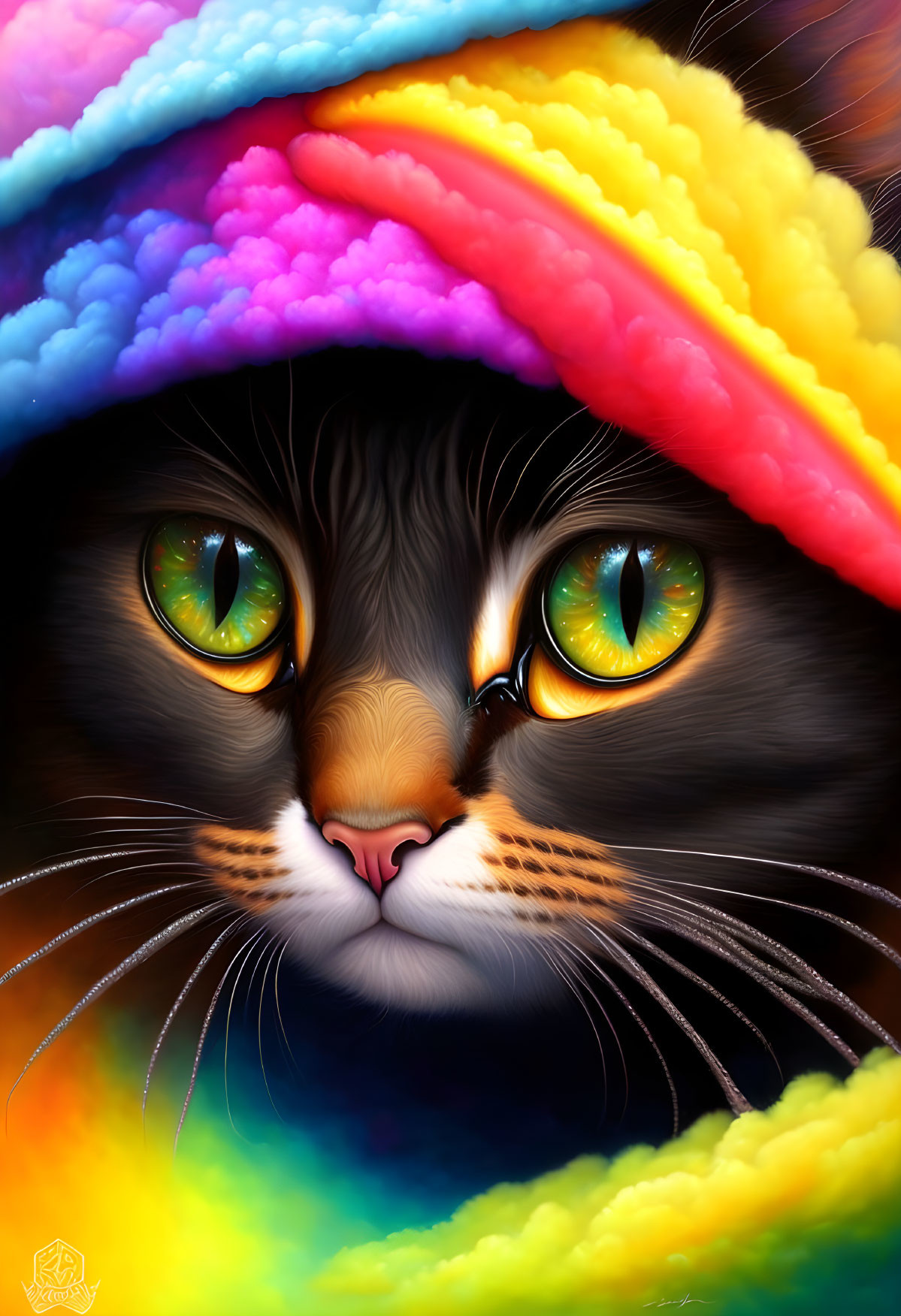 Colorful Cat Portrait with Rainbow Hat