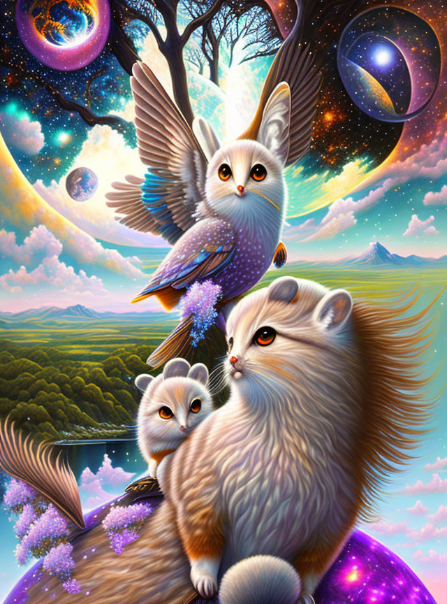 Colorful whimsical illustration of winged owl, fluffy animal, and cosmic elements.