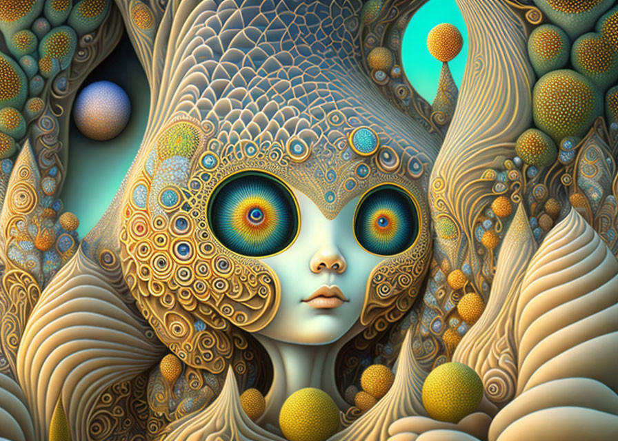 Surreal illustration of face with vivid blue eyes in abstract blue, gold, and tan palette