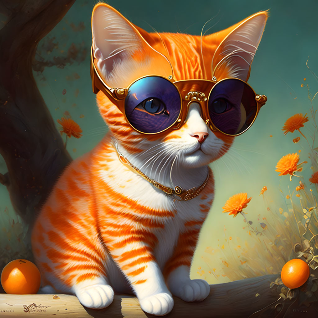 Orange and White Striped Cartoon Cat with Sunglasses and Gold Chain Necklace among Flowers