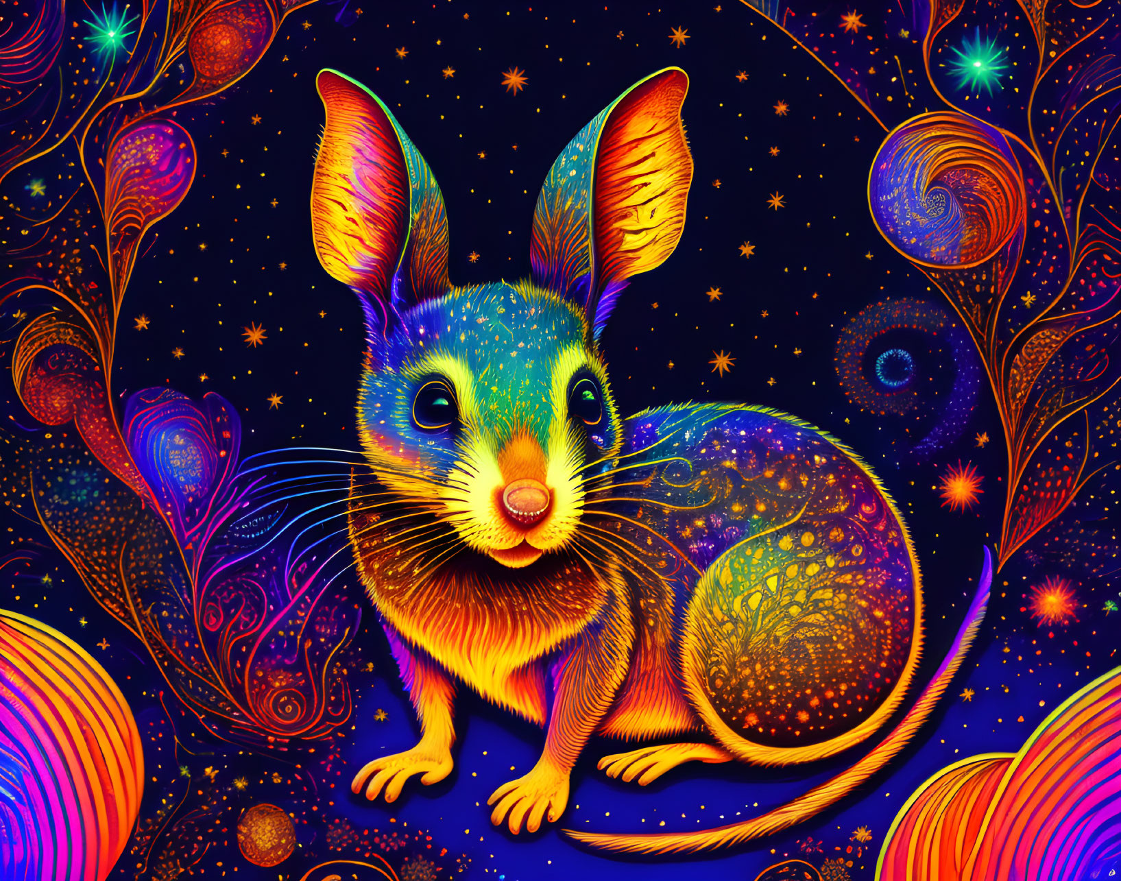 Colorful Mouse Illustration on Cosmic Background