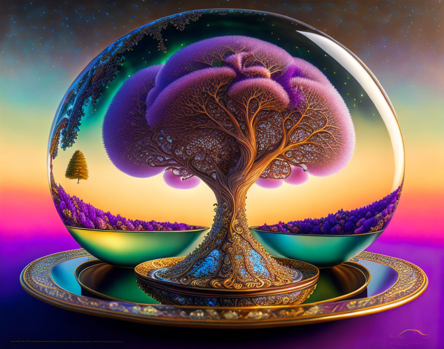 Surreal tree in transparent sphere with intricate patterns on colorful dusk sky