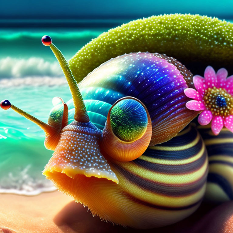 Colorful Fantastical Snail with Iridescent Shell on Vibrant Beach