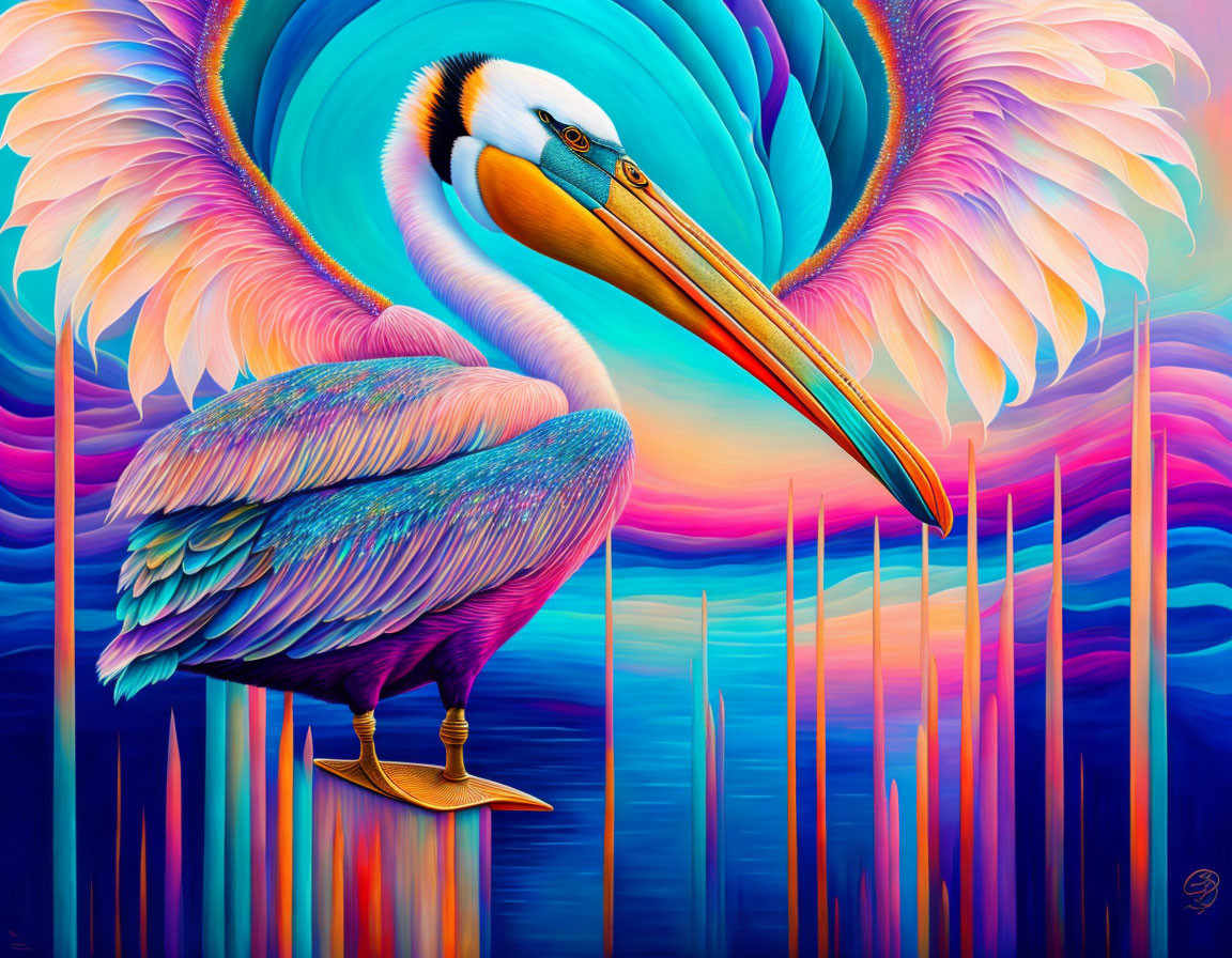 Colorful Stylized Pelican Artwork Against Multicolored Background