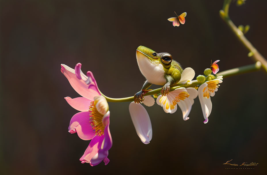 Frog on delicate branch with pink and yellow flowers