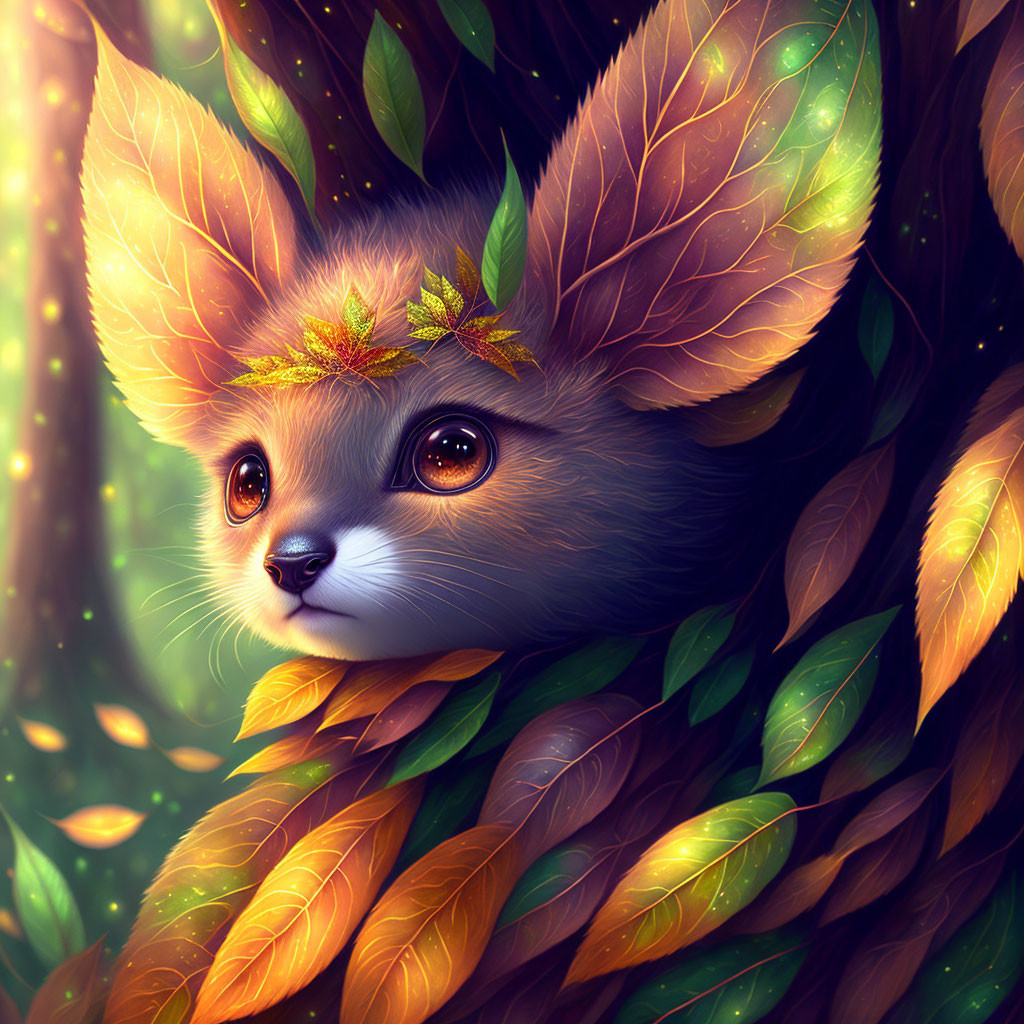 Illustration of fennec fox creature with leaf ears in magical forest