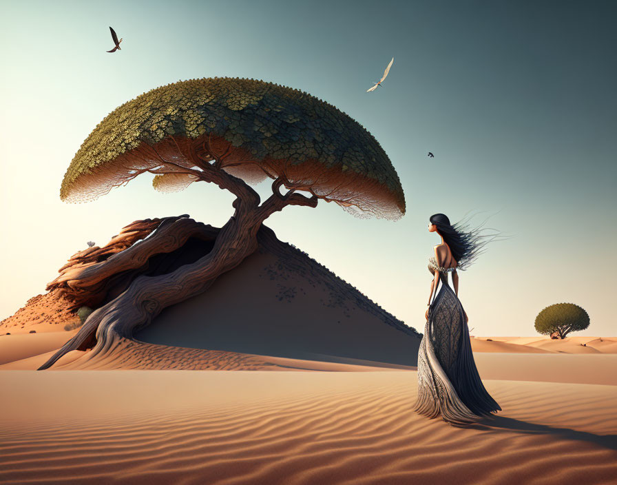 Surreal desert landscape with woman, tree, and birds