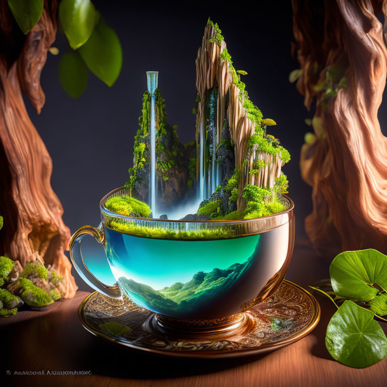 Teacup photo manipulation with lush landscape and waterfall