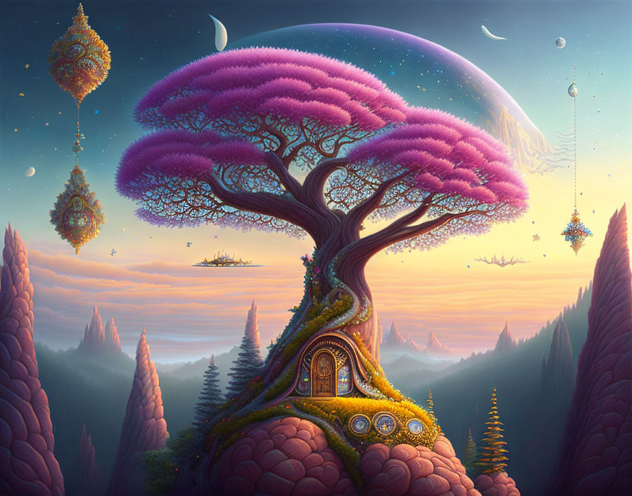 Colorful fantasy landscape with large tree doorway, floating islands, unique flora, crescent moons.