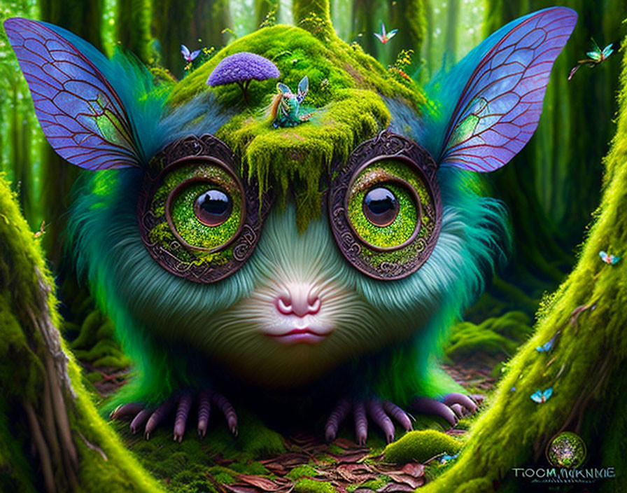 Fantastical creature with green eyes and butterfly wings in enchanted forest