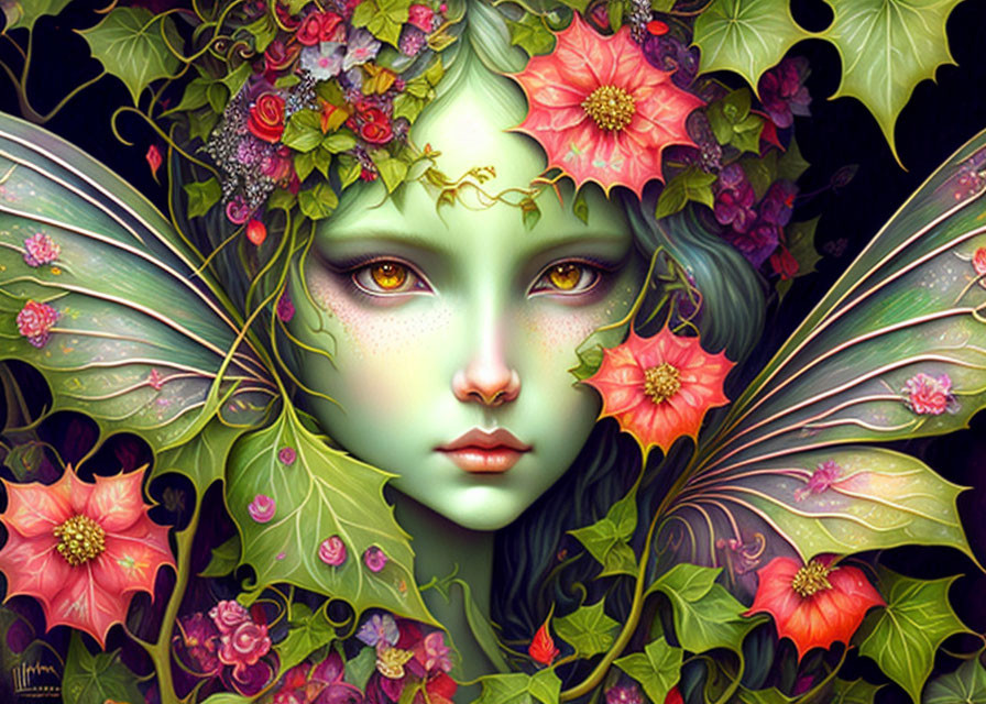 Mystical female entity with green skin and butterfly wings surrounded by flowers