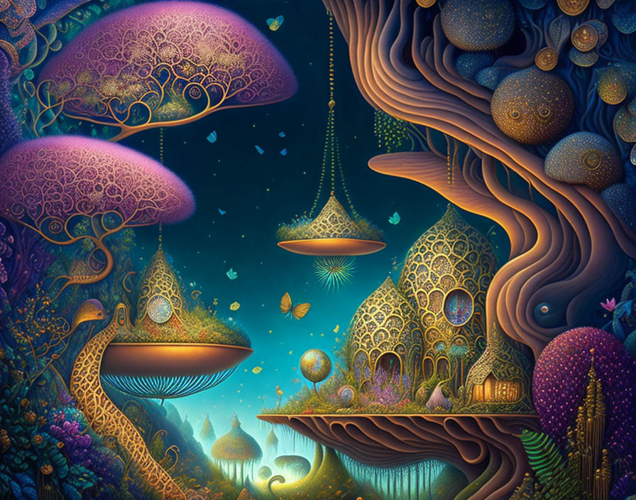 Surreal landscape with bioluminescent mushrooms and ornate tree-like structures