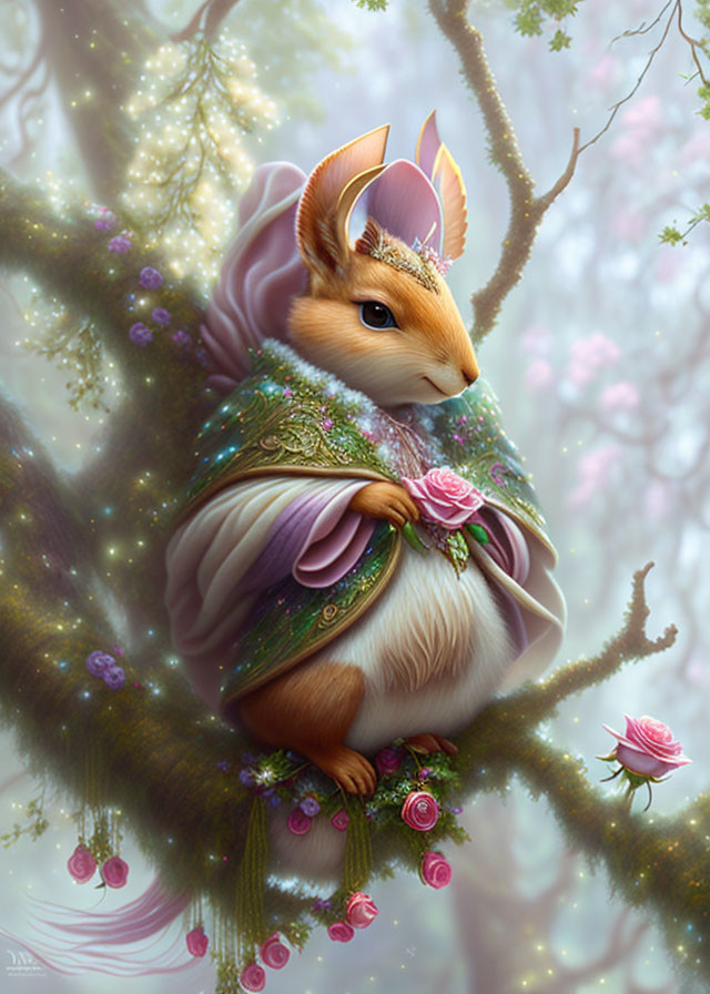 Illustration of squirrel with human-like qualities in flower cape under blossoming tree