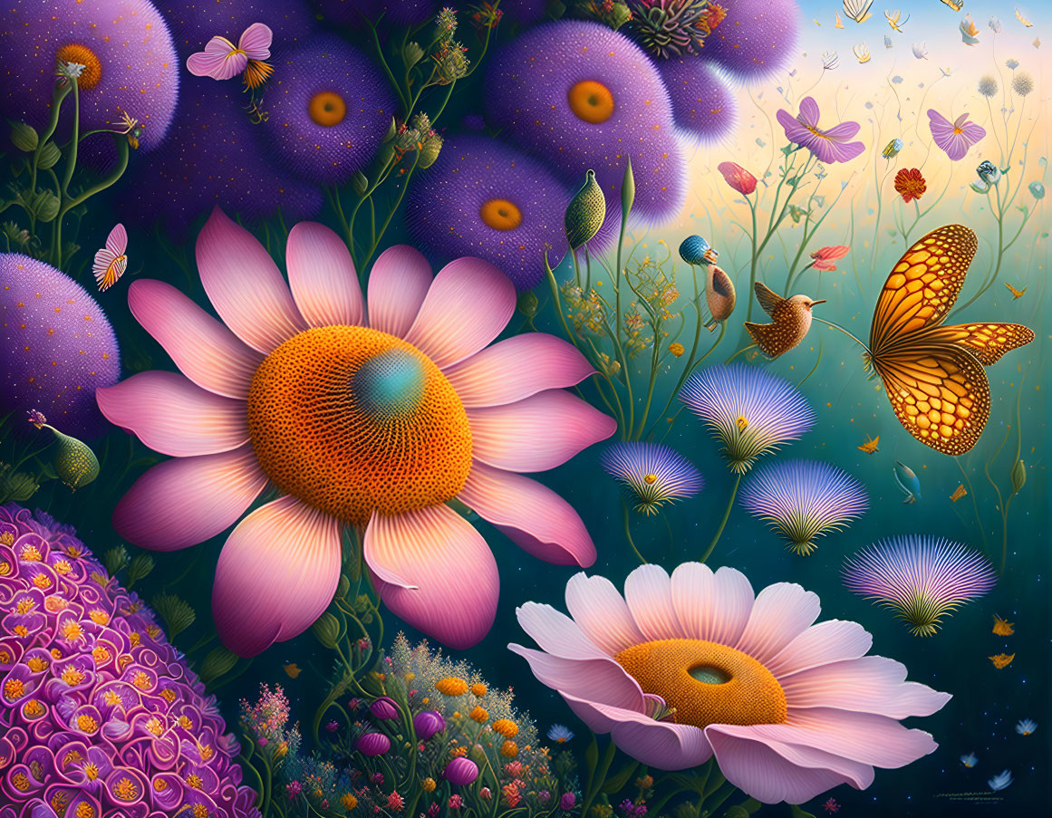 Colorful digital artwork: Whimsical garden with flowers, butterflies, birds & starry sky