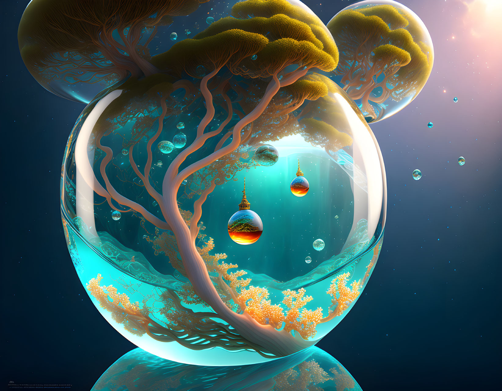 Vibrant surreal digital art: transparent sphere with tree-like structures and floating orbs in celestial underwater scene