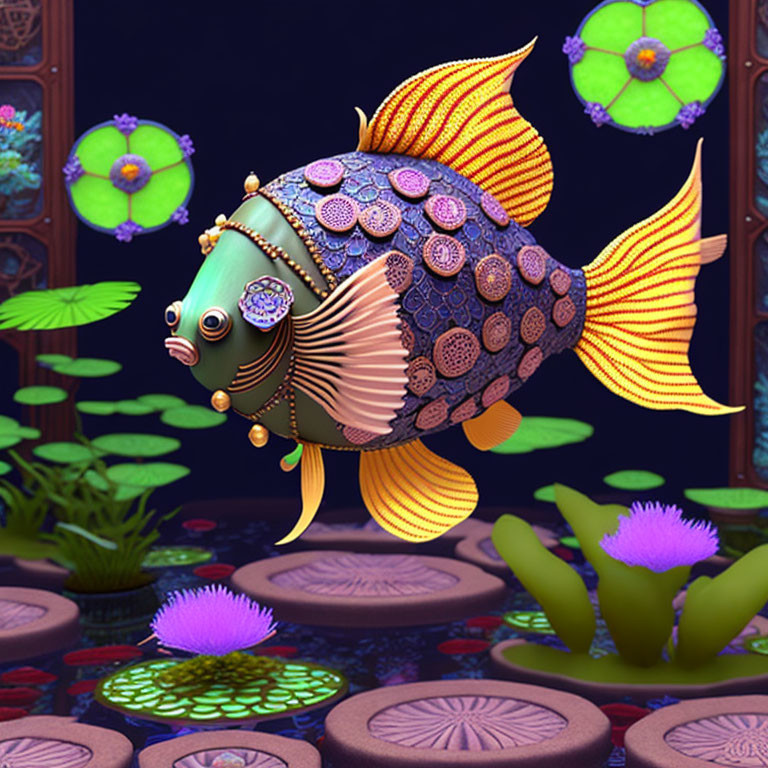 Colorful 3D-animated fish in ornate pond with jewels and lily pads