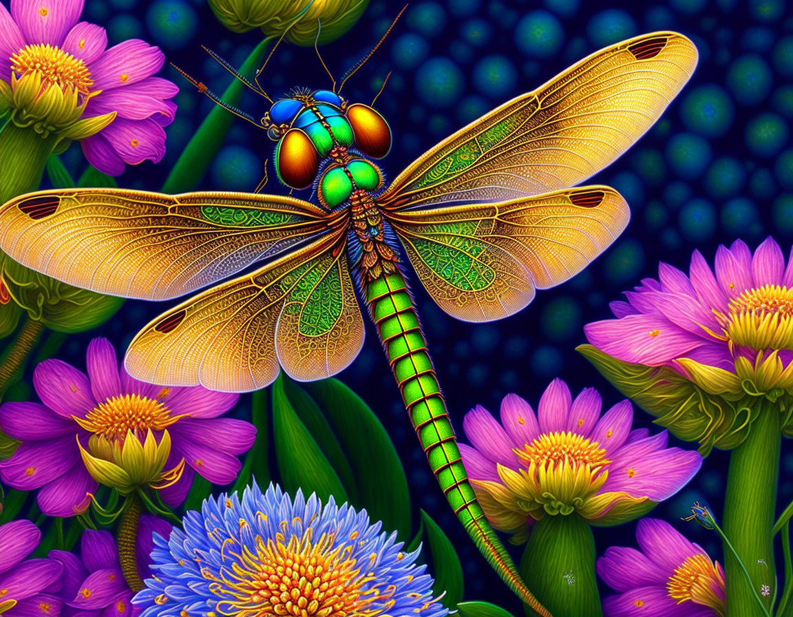 Colorful Dragonfly Artwork on Blossoms Against Blue Background