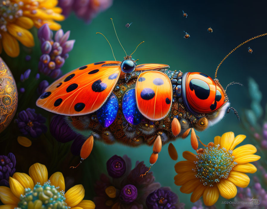 Colorful Ladybug with Detailed Wings Among Flowers and Particles