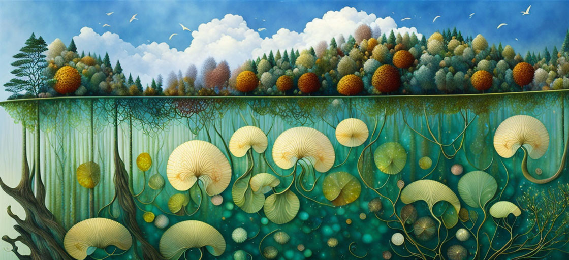 Surrealist forest landscape over water with oversized mushrooms and aquatic life