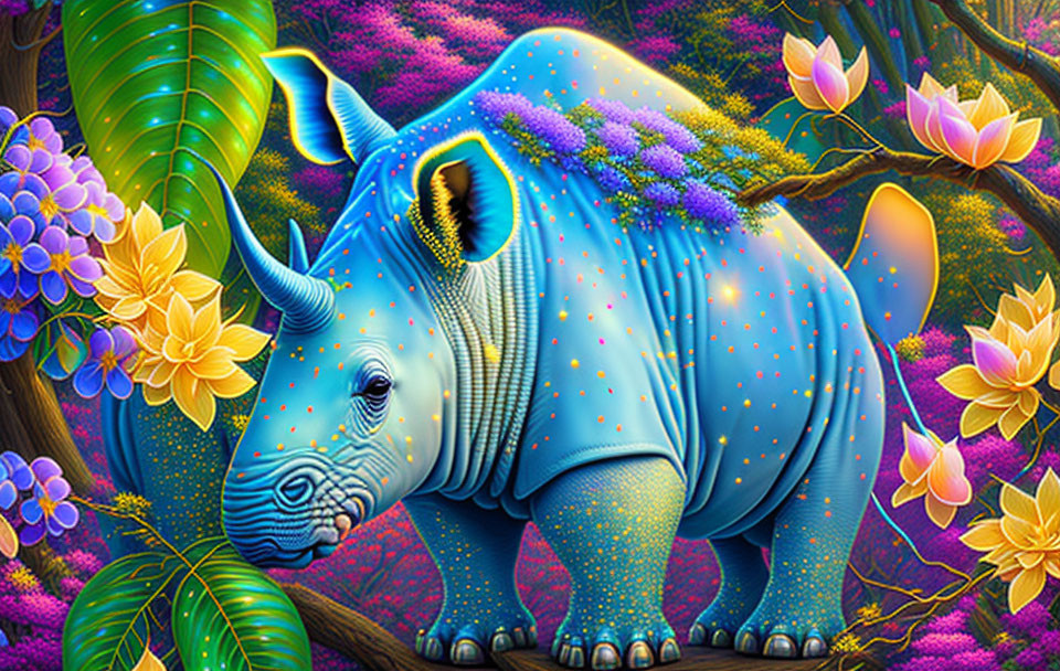 Colorful Stylized Rhinoceros in Floral Forest Scene