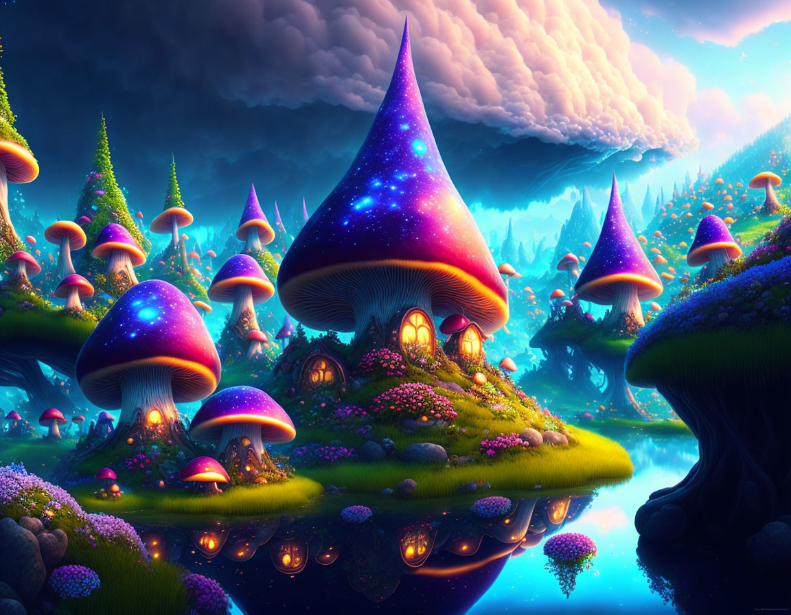 Colorful Mushroom Houses on Floating Islands in Fantasy Landscape