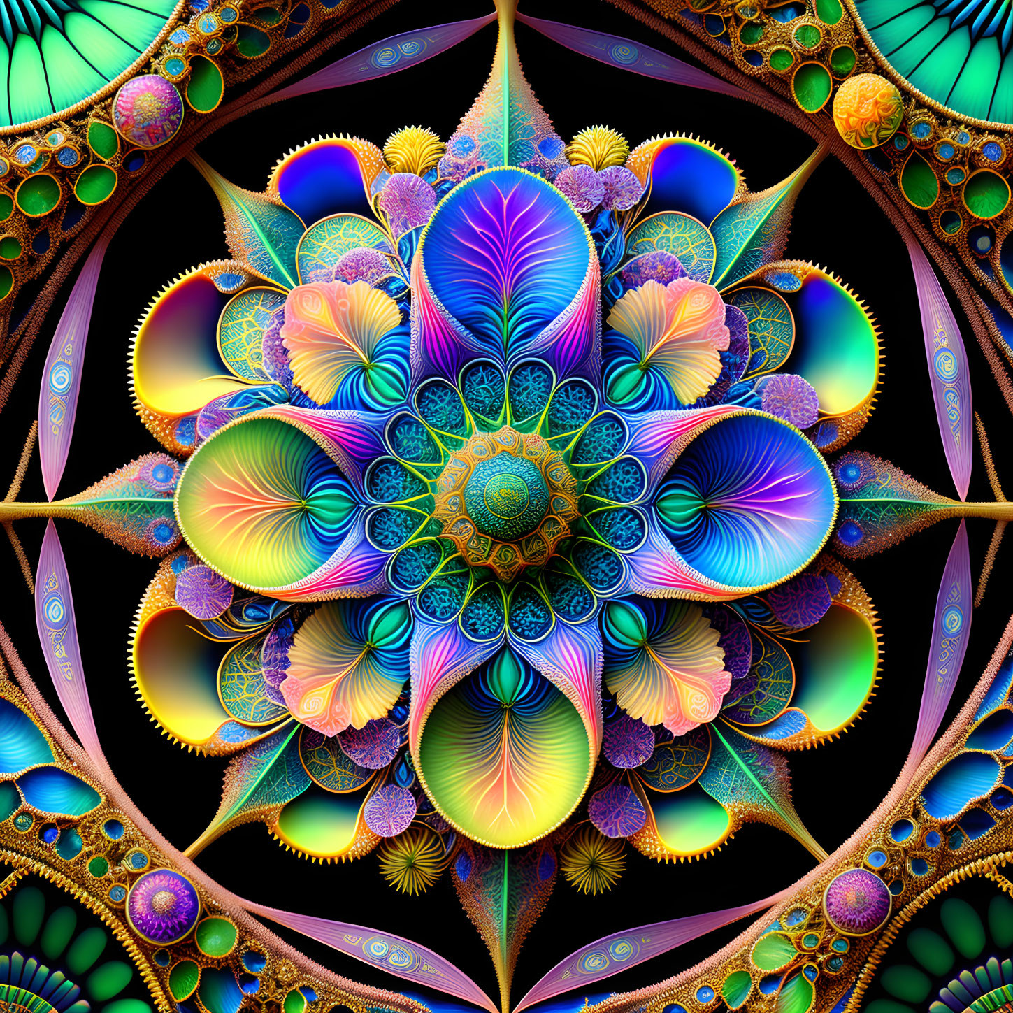 Intricate Fractal Image with Central Bloom and Leaf-like Designs