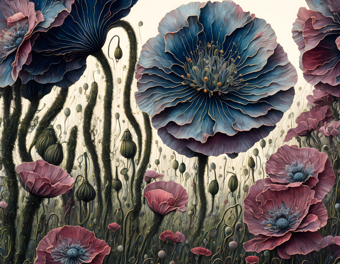 Detailed Blue and Pink Poppies in Surreal Landscape