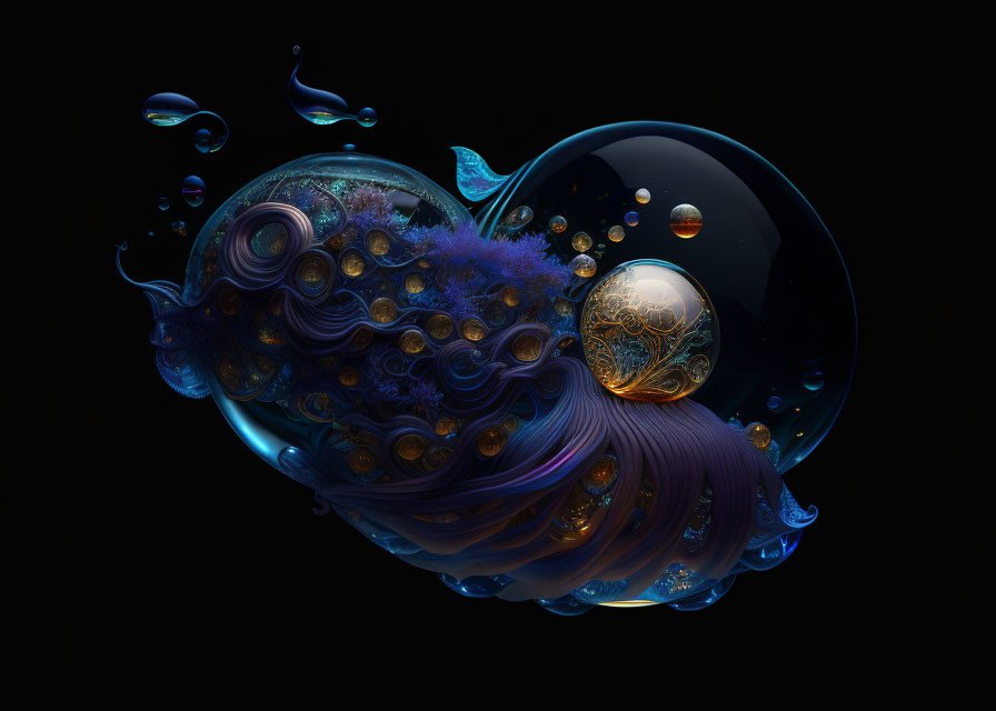 Surreal 3D illustration: Intertwined cosmic entity with fluid shapes and celestial orbs