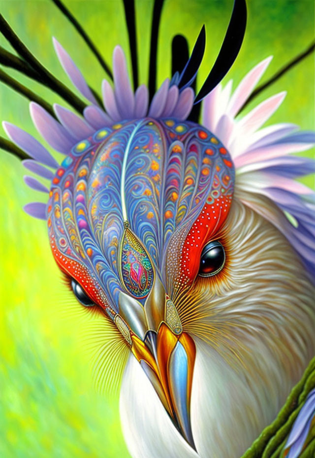 Colorful Bird Illustration with Intricate Patterns on Head and Feathers on Green Floral Background