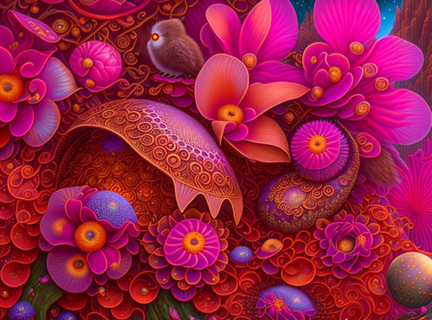 Colorful digital art: Whimsical landscape with oversized flowers, patterns, and a fluffy bird in