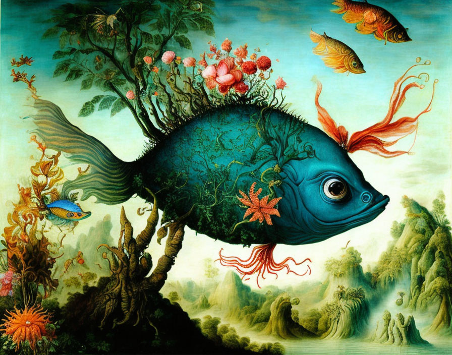 Surreal fish-forest landscape with vibrant details