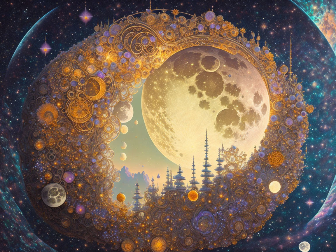 Golden crescent moon embraces realistic moon in cosmic scene with whimsical towers.