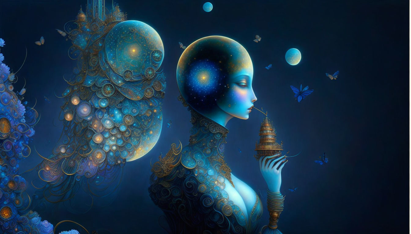 Surreal illustration: Woman with star-filled head, holding tower, surrounded by orbs and butterflies with