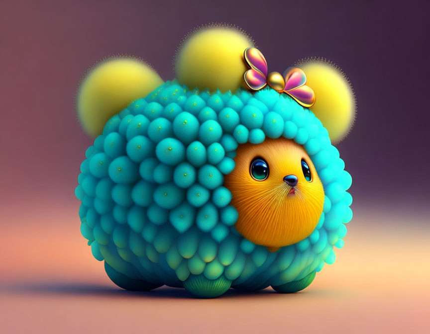 Colorful 3D illustration of fluffy creature with orange face and butterfly hair accessory