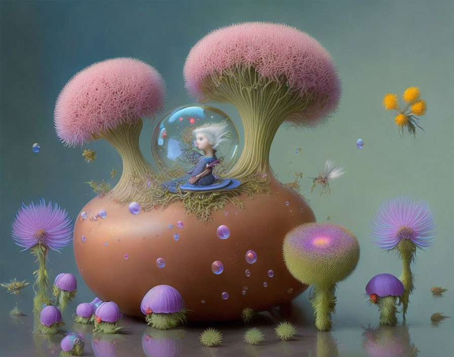 Surreal illustration of girl in transparent bubble on fantastical mushroom