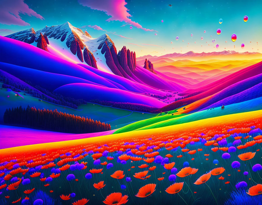 Colorful digital artwork of surreal landscape with hills, mountains, and orange flowers.