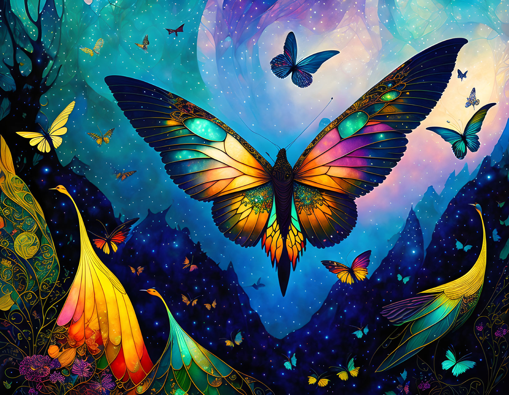 Colorful fantasy illustration: Large ornate butterfly surrounded by smaller butterflies in celestial setting