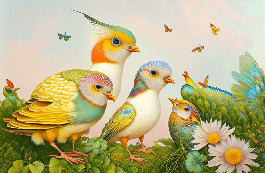 Colorful Birds with Unique Feather Patterns and Butterfly-Like Antennae in Fantasy Illustration