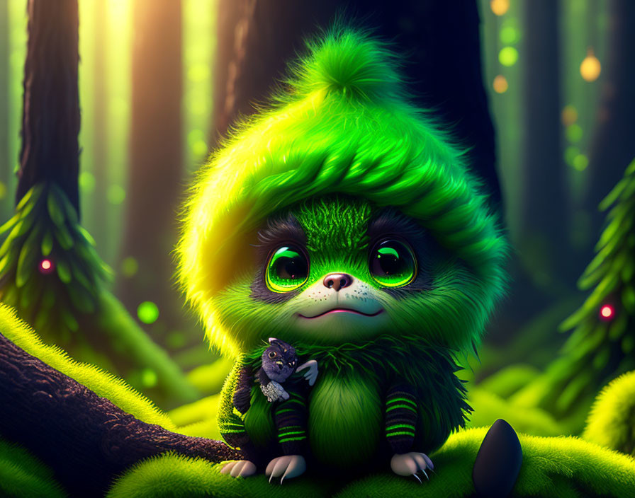 Colorful Fluffy Green Creature and Small Lizard in Enchanting Forest